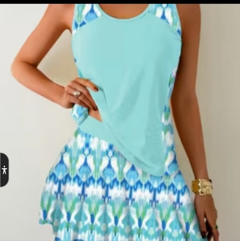 Women's Aqua and Blue Patterned Tankini Set